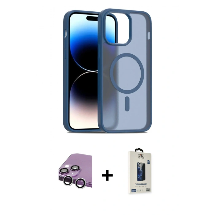 MARSİLYAN™- iPhone 14 Kılıf Siluet Minimal Prime - Siyah Bilvis Hayalet Cam Ekran Koruyucu + Raze Metal Kamera Lens - GS
