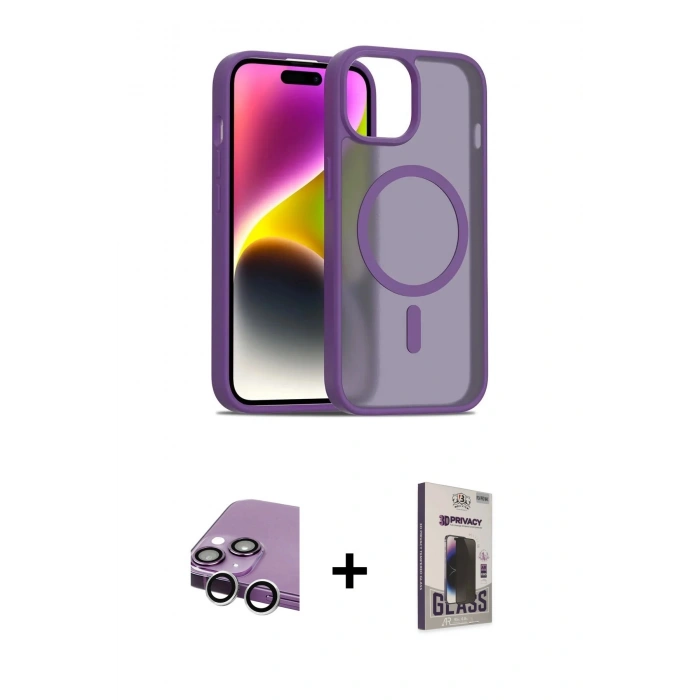 MARSİLYAN™- iPhone 14 Kılıf Siluet Minimal Prime - Siyah Bilvis Hayalet Cam Ekran Koruyucu + Raze Metal Kamera Lens - GS