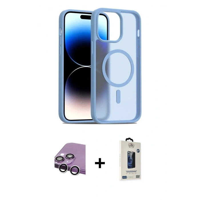 MARSİLYAN™- iPhone 14 Kılıf Siluet Minimal Prime - Siyah Bilvis Hayalet Cam Ekran Koruyucu + Raze Metal Kamera Lens - GS