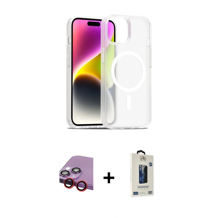 MARSİLYAN™- iPhone 14 Kılıf Siluet Minimal Prime - Siyah Bilvis Hayalet Cam Ekran Koruyucu + Raze Metal Kamera Lens - KI