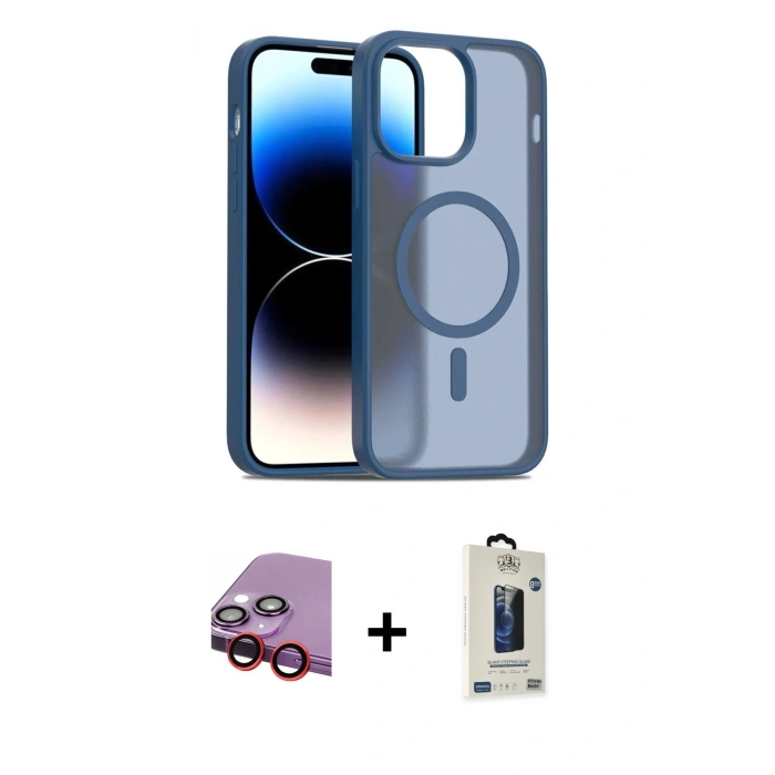 MARSİLYAN™- iPhone 14 Kılıf Siluet Minimal Prime - Siyah Bilvis Hayalet Cam Ekran Koruyucu + Raze Metal Kamera Lens - KI