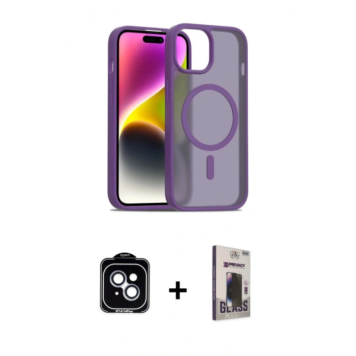 MARSİLYAN™- iPhone 14 Kılıf Siluet Minimal Prime - Siyah Bilvis Hayalet Cam Ekran Koruyucu + PVD Metal Kamera Lens - MI