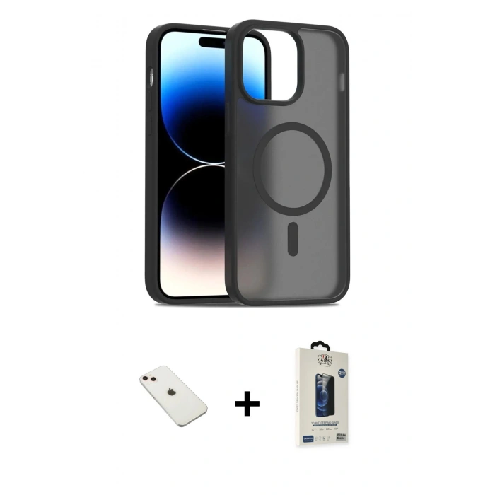 MARSİLYAN™- iPhone 14 Kılıf Siluet Minimal Prime - Siyah Bilvis Hayalet Cam Ekran Koruyucu + Diamond Kamera Lens - PE