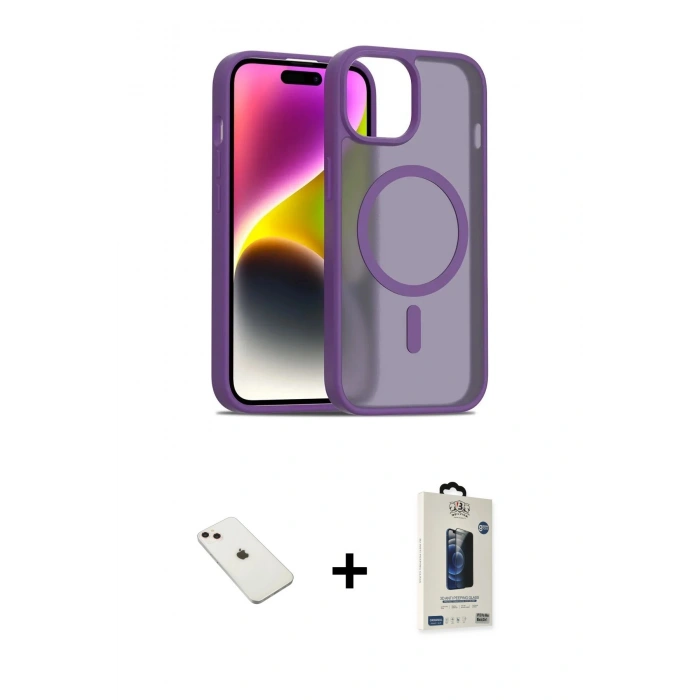 MARSİLYAN™- iPhone 14 Kılıf Siluet Minimal Prime - Siyah Bilvis Hayalet Cam Ekran Koruyucu + Diamond Kamera Lens - PE