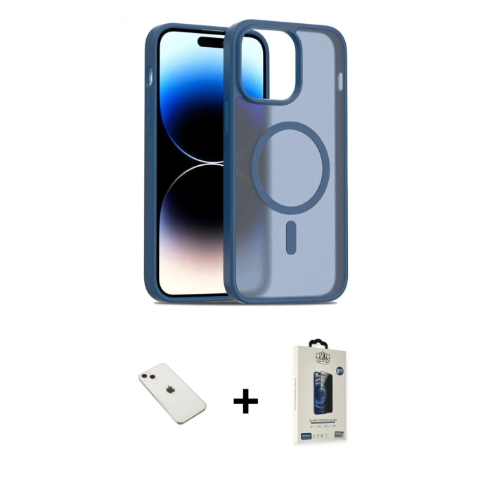 MARSİLYAN™- iPhone 14 Kılıf Siluet Minimal Prime - Siyah Bilvis Hayalet Cam Ekran Koruyucu + Diamond Kamera Lens - PE
