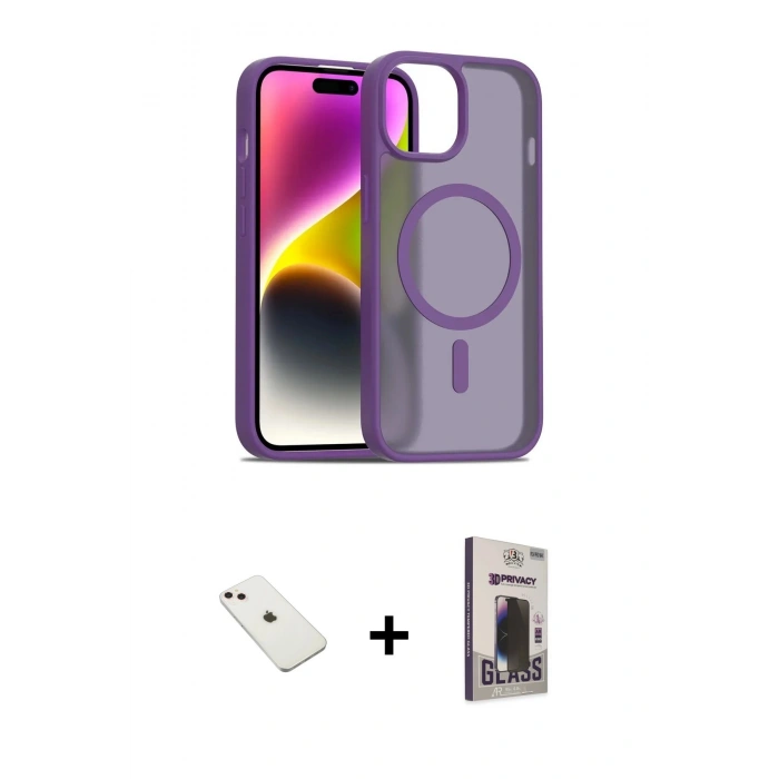 MARSİLYAN™- iPhone 14 Kılıf Siluet Minimal Prime - Siyah Bilvis Hayalet Cam Ekran Koruyucu + Diamond Kamera Lens - PE