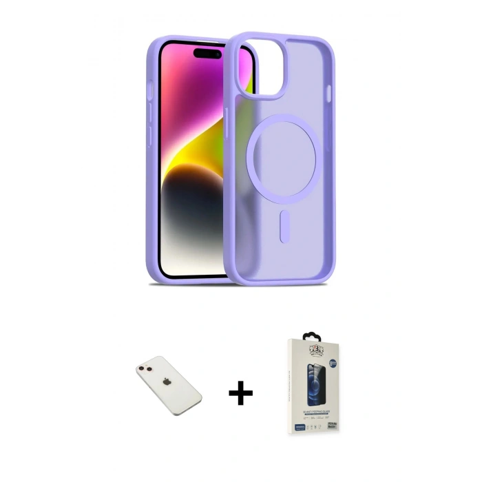 MARSİLYAN™- iPhone 14 Kılıf Siluet Minimal Prime - Siyah Bilvis Hayalet Cam Ekran Koruyucu + Diamond Kamera Lens - PE