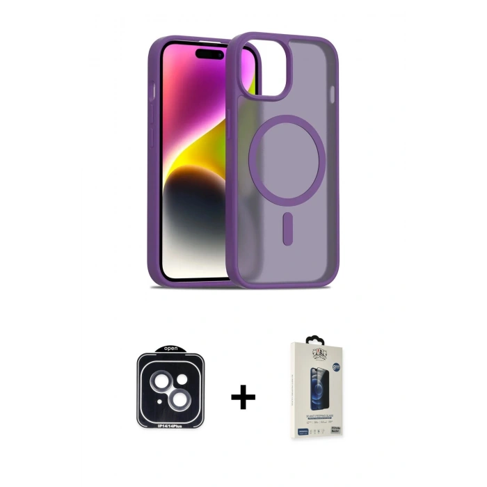 MARSİLYAN™- iPhone 14 Kılıf Siluet Minimal Prime - Siyah Bilvis Hayalet Cam Ekran Koruyucu + PVD Metal Kamera Lens - SH