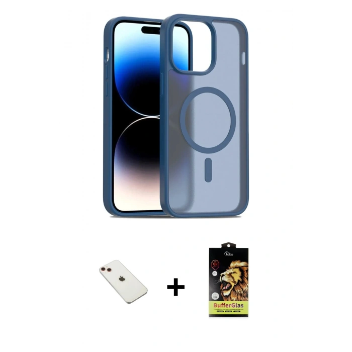 MARSİLYAN™- iPhone 14 Kılıf Siluet Minimal Prime - Siyah Buffer Cam Ekran Koruyucu + Diamond Kamera Lens - KI