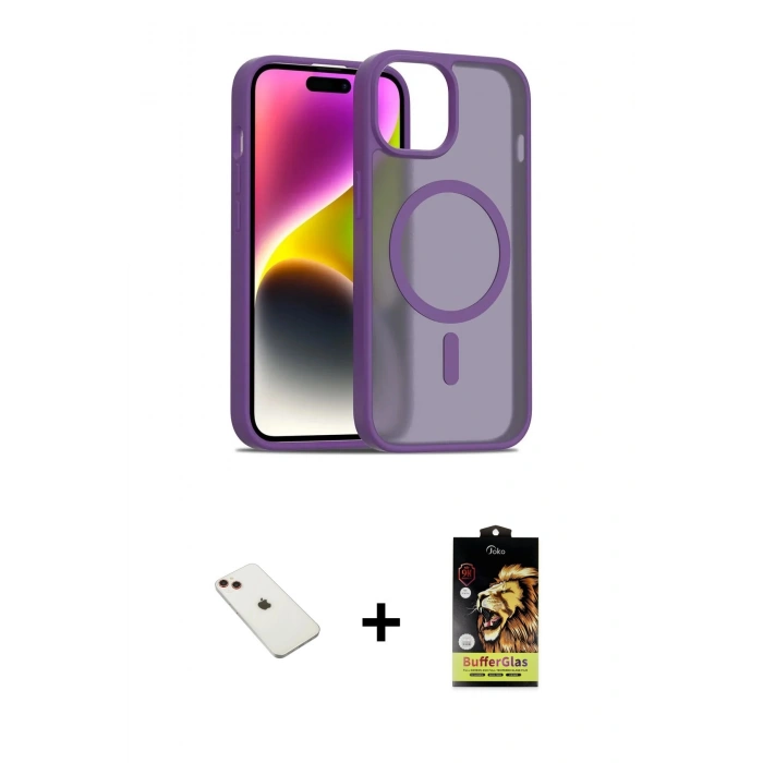 MARSİLYAN™- iPhone 14 Kılıf Siluet Minimal Prime - Siyah Buffer Cam Ekran Koruyucu + Diamond Kamera Lens - KI