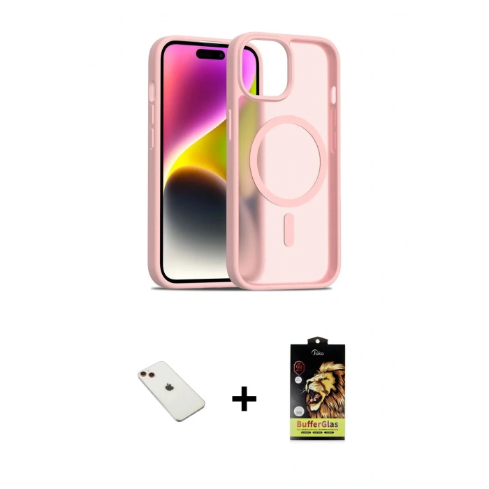 MARSİLYAN™- iPhone 14 Kılıf Siluet Minimal Prime - Siyah Buffer Cam Ekran Koruyucu + Diamond Kamera Lens - KI