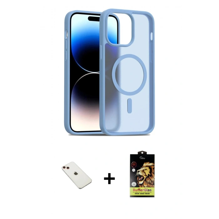 MARSİLYAN™- iPhone 14 Kılıf Siluet Minimal Prime - Siyah Buffer Cam Ekran Koruyucu + Diamond Kamera Lens - KI