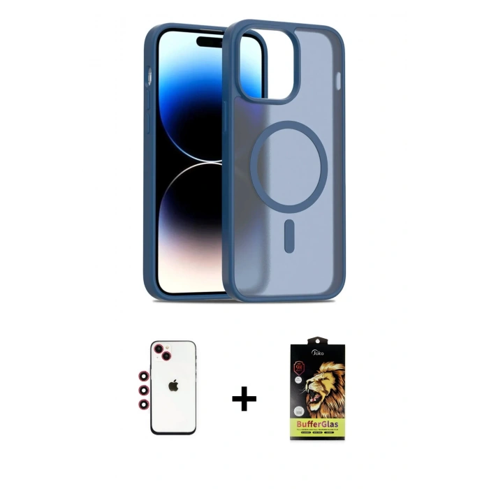 MARSİLYAN™- iPhone 14 Kılıf Siluet Minimal Prime - Siyah Buffer Cam Ekran Koruyucu + Kırmızı Shine Kamera Lens