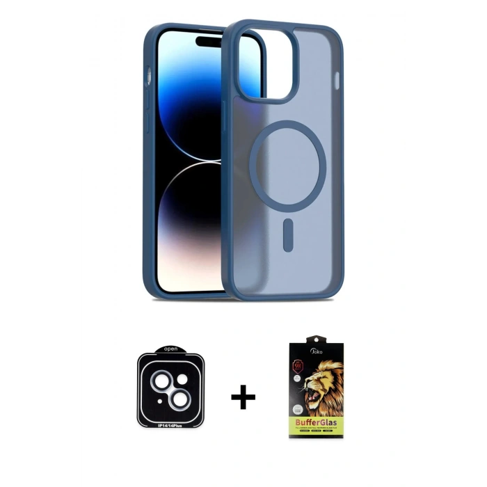 MARSİLYAN™- iPhone 14 Kılıf Siluet Minimal Prime - Siyah Buffer Cam Ekran Koruyucu + PVD Metal Kamera Lens - MI