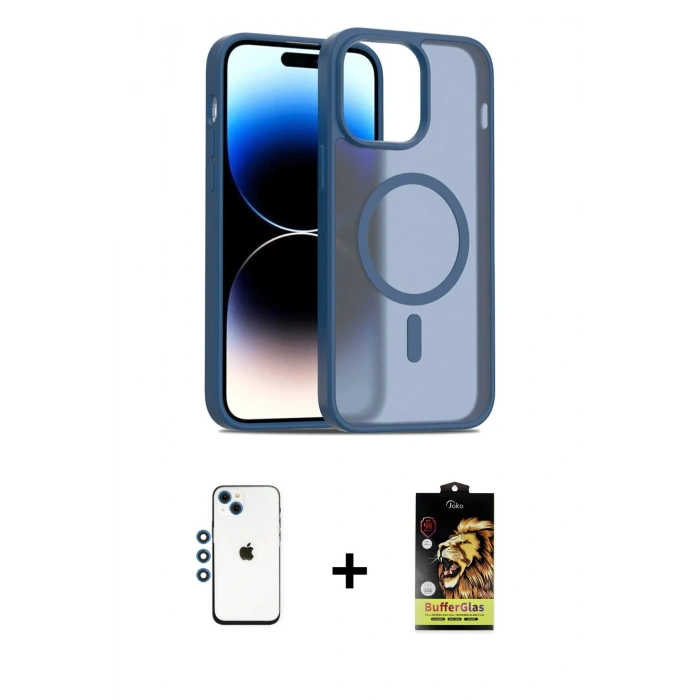 MARSİLYAN™- iPhone 14 Kılıf Siluet Minimal Prime - Siyah Buffer Cam Ekran Koruyucu + Shine Kamera Lens - MI