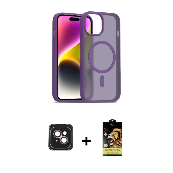 MARSİLYAN™- iPhone 14 Kılıf Siluet Minimal Prime - Siyah Buffer Cam Ekran Koruyucu + Pembe PVD Metal Kamera Lens