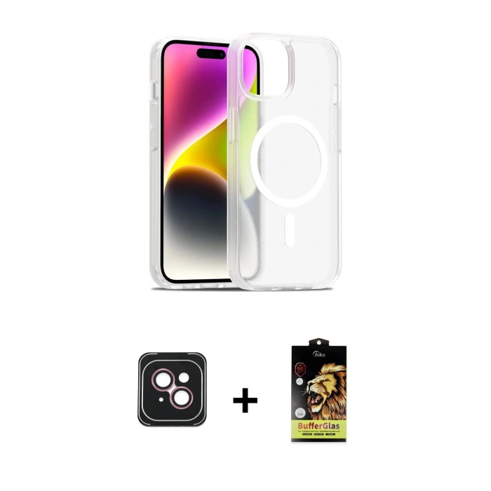 MARSİLYAN™- iPhone 14 Kılıf Siluet Minimal Prime - Siyah Buffer Cam Ekran Koruyucu + Pembe PVD Metal Kamera Lens