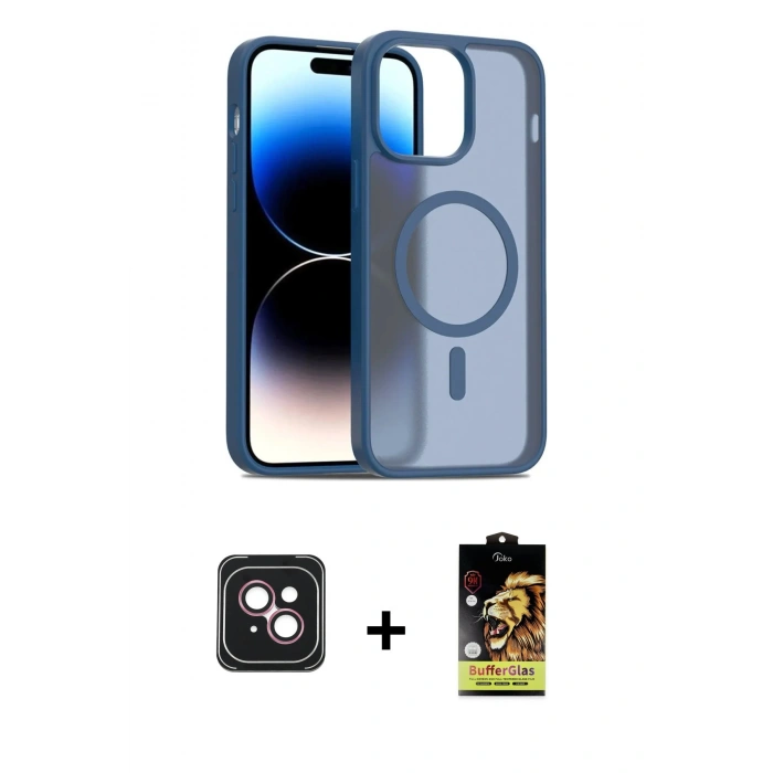 MARSİLYAN™- iPhone 14 Kılıf Siluet Minimal Prime - Siyah Buffer Cam Ekran Koruyucu + Pembe PVD Metal Kamera Lens