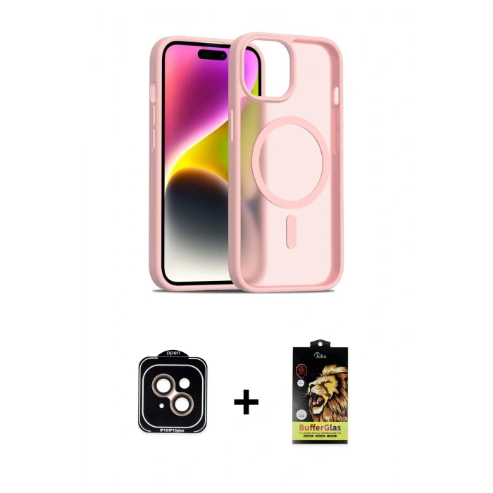 MARSİLYAN™- iPhone 14 Kılıf Siluet Minimal Prime - Siyah Buffer Cam Ekran Koruyucu + PVD Metal Kamera Lens - TU