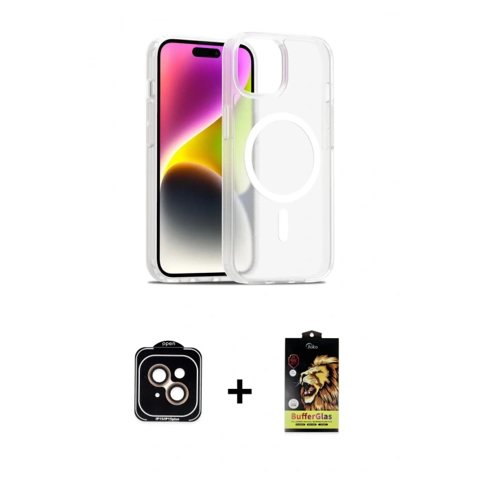 MARSİLYAN™- iPhone 14 Kılıf Siluet Minimal Prime - Siyah Buffer Cam Ekran Koruyucu + PVD Metal Kamera Lens - TU