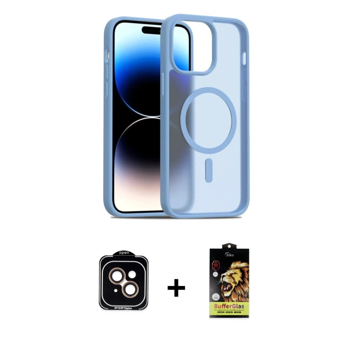 MARSİLYAN™- iPhone 14 Kılıf Siluet Minimal Prime - Siyah Buffer Cam Ekran Koruyucu + PVD Metal Kamera Lens - TU