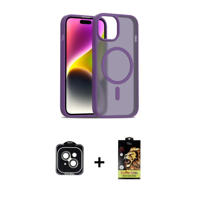 MARSİLYAN™- iPhone 14 Kılıf Siluet Minimal Prime - Siyah Buffer Cam Ekran Koruyucu + PVD Metal Kamera Lens - YL