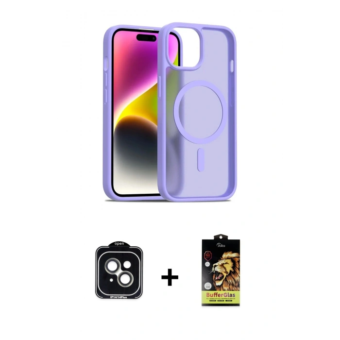 MARSİLYAN™- iPhone 14 Kılıf Siluet Minimal Prime - Siyah Buffer Cam Ekran Koruyucu + PVD Metal Kamera Lens - YL