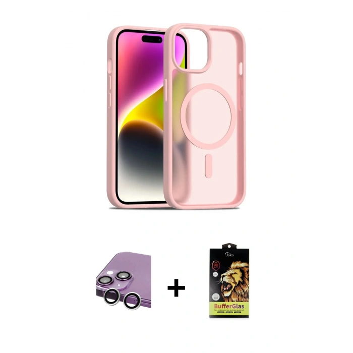 MARSİLYAN™- iPhone 14 Kılıf Siluet Minimal Prime - Siyah Buffer Cam Ekran Koruyucu + Raze Metal Kamera Lens - GS