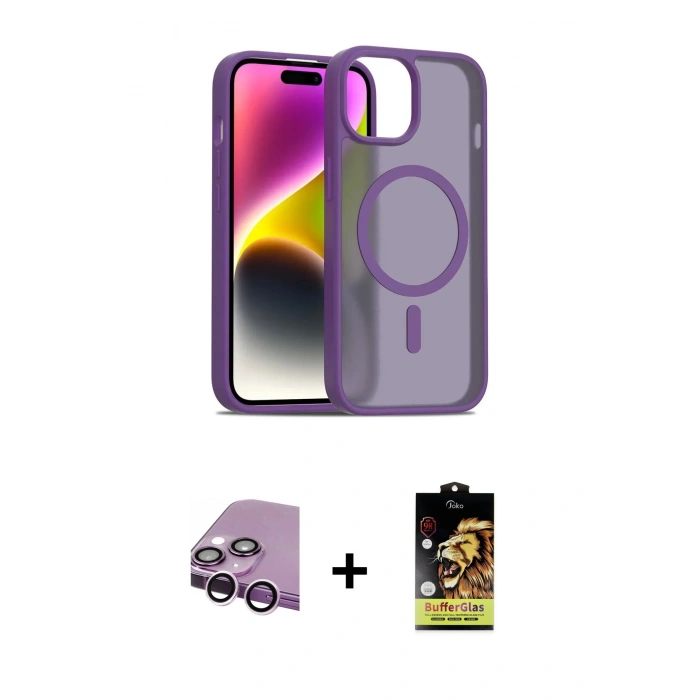 MARSİLYAN™- iPhone 14 Kılıf Siluet Minimal Prime - Siyah Buffer Cam Ekran Koruyucu + Raze Metal Kamera Lens - MR