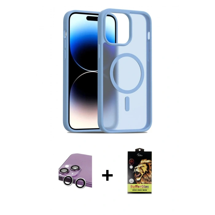 MARSİLYAN™- iPhone 14 Kılıf Siluet Minimal Prime - Siyah Buffer Cam Ekran Koruyucu + Raze Metal Kamera Lens - GS