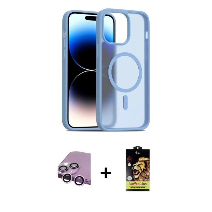 MARSİLYAN™- iPhone 14 Kılıf Siluet Minimal Prime - Siyah Buffer Cam Ekran Koruyucu + Raze Metal Kamera Lens - MR