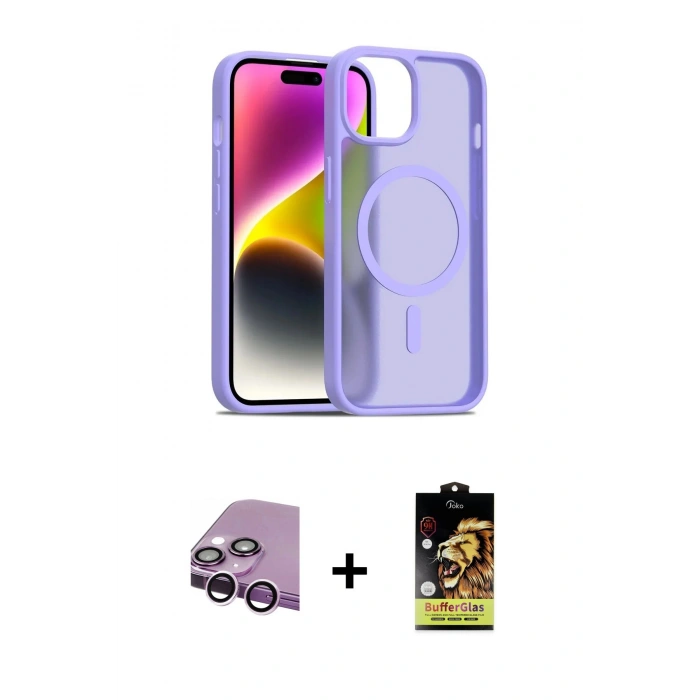 MARSİLYAN™- iPhone 14 Kılıf Siluet Minimal Prime - Siyah Buffer Cam Ekran Koruyucu + Raze Metal Kamera Lens - MR