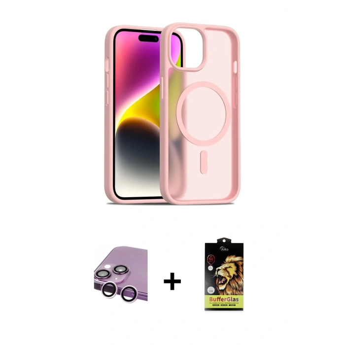 MARSİLYAN™- iPhone 14 Kılıf Siluet Minimal Prime - Siyah Buffer Cam Ekran Koruyucu + Raze Metal Kamera Lens - MR