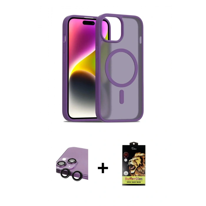 MARSİLYAN™- iPhone 14 Kılıf Siluet Minimal Prime - Siyah Buffer Cam Ekran Koruyucu + Raze Metal Kamera Lens - SH