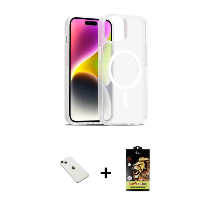 MARSİLYAN™- iPhone 14 Kılıf Siluet Minimal Prime - Siyah Buffer Cam Ekran Koruyucu + Yeşil Diamond Kamera Lens