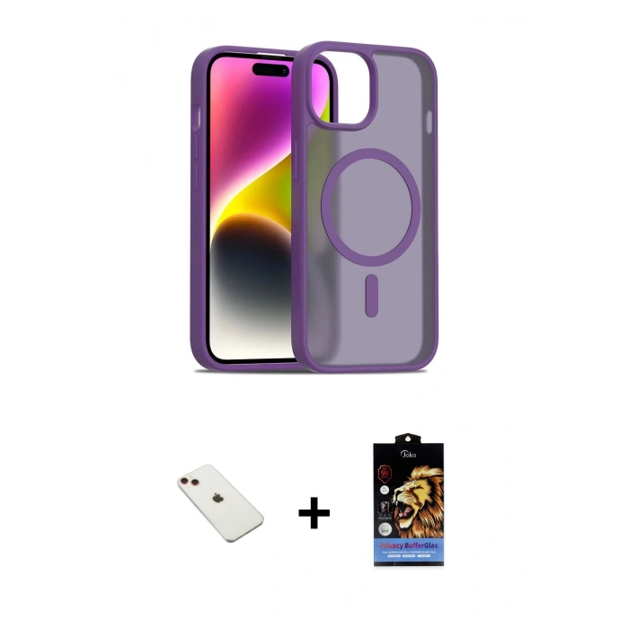 MARSİLYAN™- iPhone 14 Kılıf Siluet Minimal Prime - Siyah Buffer Hayalet Cam Ekran Koruyucu + Diamond Kamera Lens - KI
