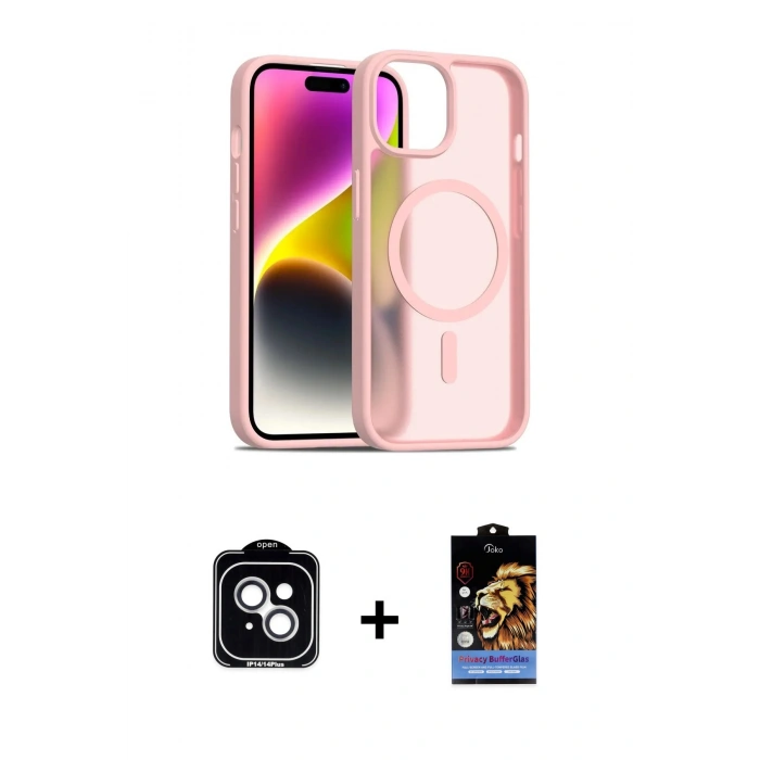 MARSİLYAN™- iPhone 14 Kılıf Siluet Minimal Prime - Siyah Buffer Hayalet Cam Ekran Koruyucu + PVD Metal Kamera Lens - GS