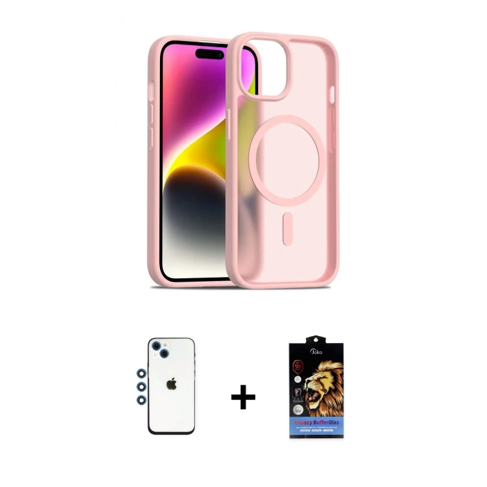 MARSİLYAN™- iPhone 14 Kılıf Siluet Minimal Prime - Siyah Buffer Hayalet Cam Ekran Koruyucu + Mavi Shine Kamera Lens