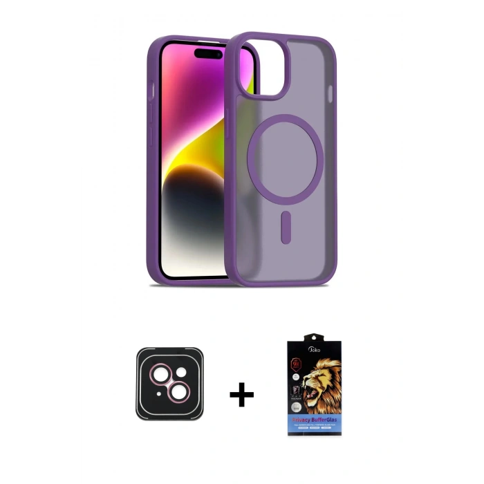 MARSİLYAN™- iPhone 14 Kılıf Siluet Minimal Prime - Siyah Buffer Hayalet Cam Ekran Koruyucu + PVD Metal Kamera Lens - PE
