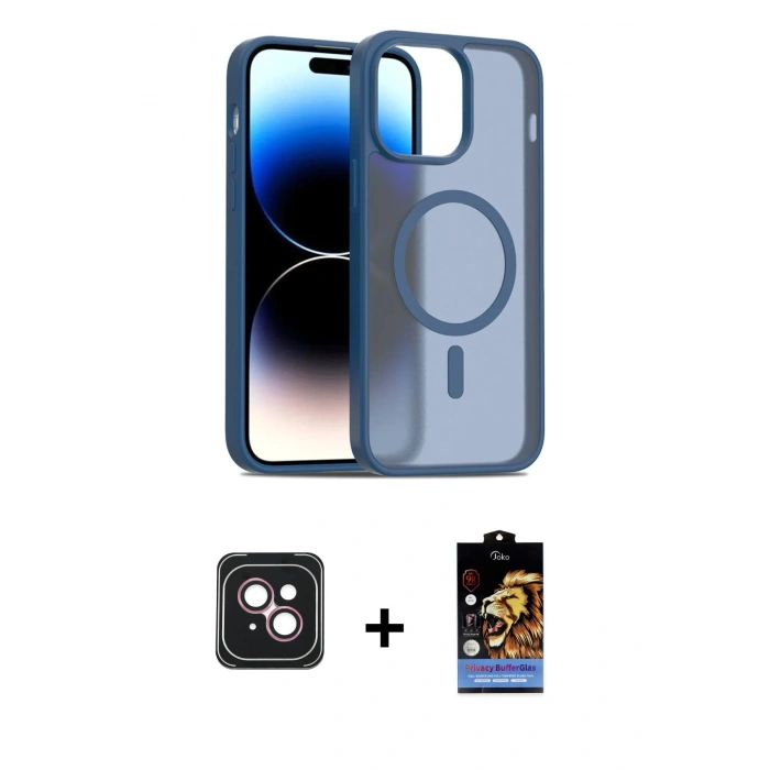 MARSİLYAN™- iPhone 14 Kılıf Siluet Minimal Prime - Siyah Buffer Hayalet Cam Ekran Koruyucu + PVD Metal Kamera Lens - PE