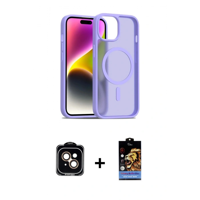 MARSİLYAN™- iPhone 14 Kılıf Siluet Minimal Prime - Siyah Buffer Hayalet Cam Ekran Koruyucu + PVD Metal Kamera Lens - TU