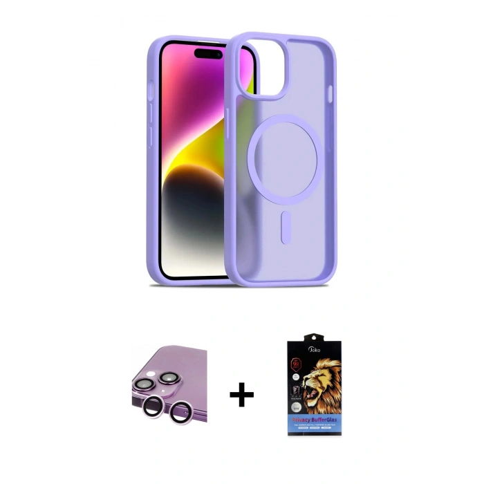 MARSİLYAN™- iPhone 14 Kılıf Siluet Minimal Prime - Siyah Buffer Hayalet Cam Ekran Koruyucu + Raze Metal Kamera Lens - MR