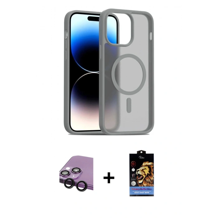 MARSİLYAN™- iPhone 14 Kılıf Siluet Minimal Prime - Siyah Buffer Hayalet Cam Ekran Koruyucu + Raze Metal Kamera Lens - SH