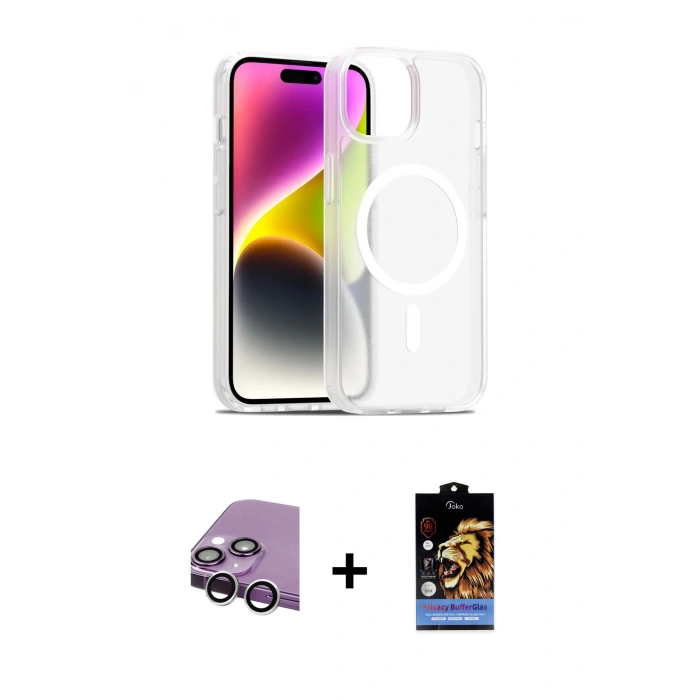 MARSİLYAN™- iPhone 14 Kılıf Siluet Minimal Prime - Siyah Buffer Hayalet Cam Ekran Koruyucu + Raze Metal Kamera Lens - GS