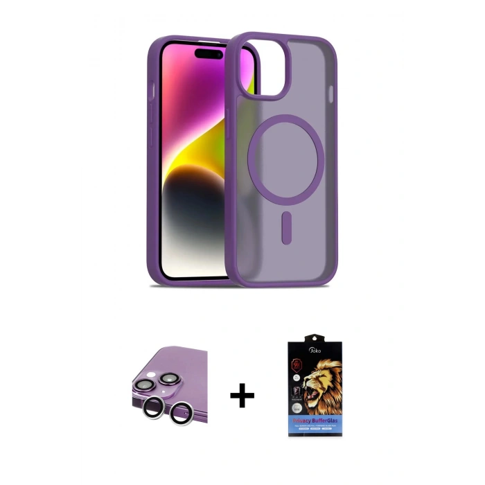 MARSİLYAN™- iPhone 14 Kılıf Siluet Minimal Prime - Siyah Buffer Hayalet Cam Ekran Koruyucu + Raze Metal Kamera Lens - GS