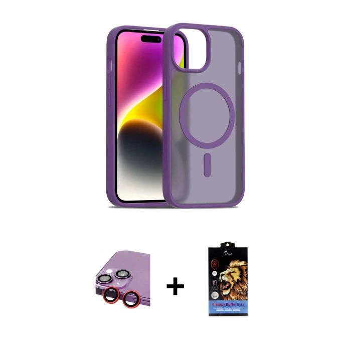 MARSİLYAN™- iPhone 14 Kılıf Siluet Minimal Prime - Siyah Buffer Hayalet Cam Ekran Koruyucu + Raze Metal Kamera Lens - KI