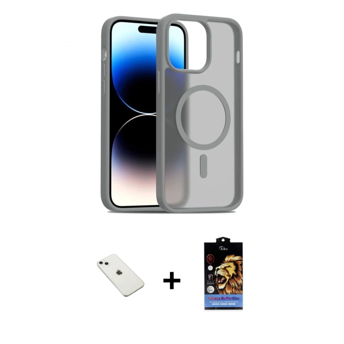 MARSİLYAN™- iPhone 14 Kılıf Siluet Minimal Prime - Siyah Buffer Hayalet Cam Ekran Koruyucu + Sierra Blue Diamond Kamera Lens
