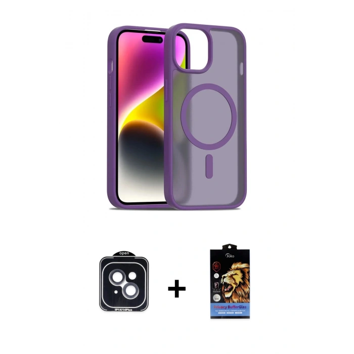 MARSİLYAN™- iPhone 14 Kılıf Siluet Minimal Prime - Siyah Buffer Hayalet Cam Ekran Koruyucu + PVD Metal Kamera Lens - SH