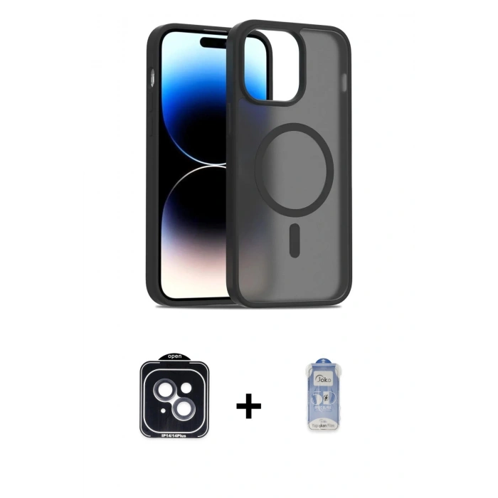 MARSİLYAN™- iPhone 14 Kılıf Siluet Minimal Prime - Siyah Joko Magic 5D Cam + PVD Metal Kamera Lens - SH