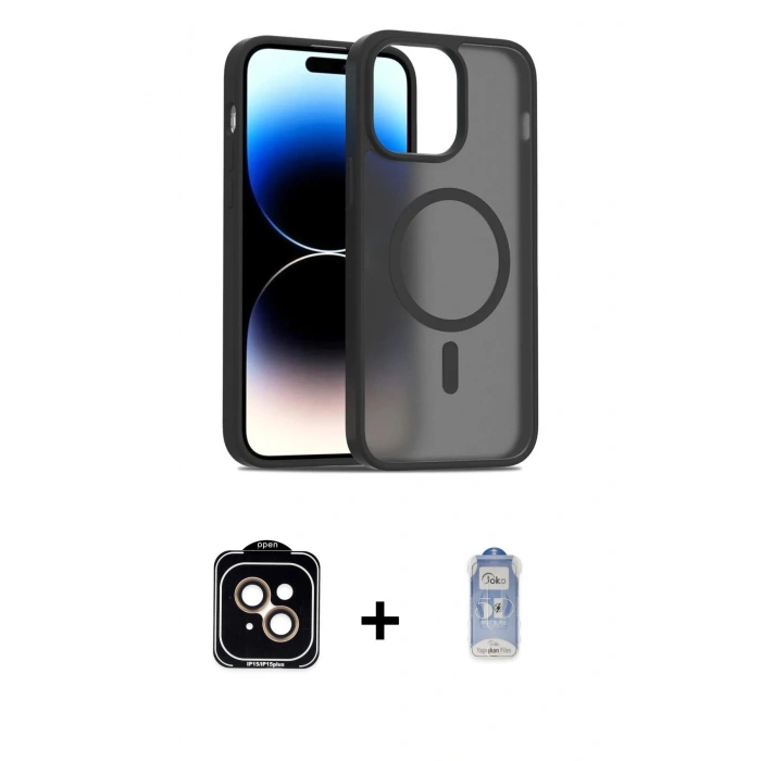 MARSİLYAN™- iPhone 14 Kılıf Siluet Minimal Prime - Siyah Joko Magic 5D Cam + PVD Metal Kamera Lens - TU
